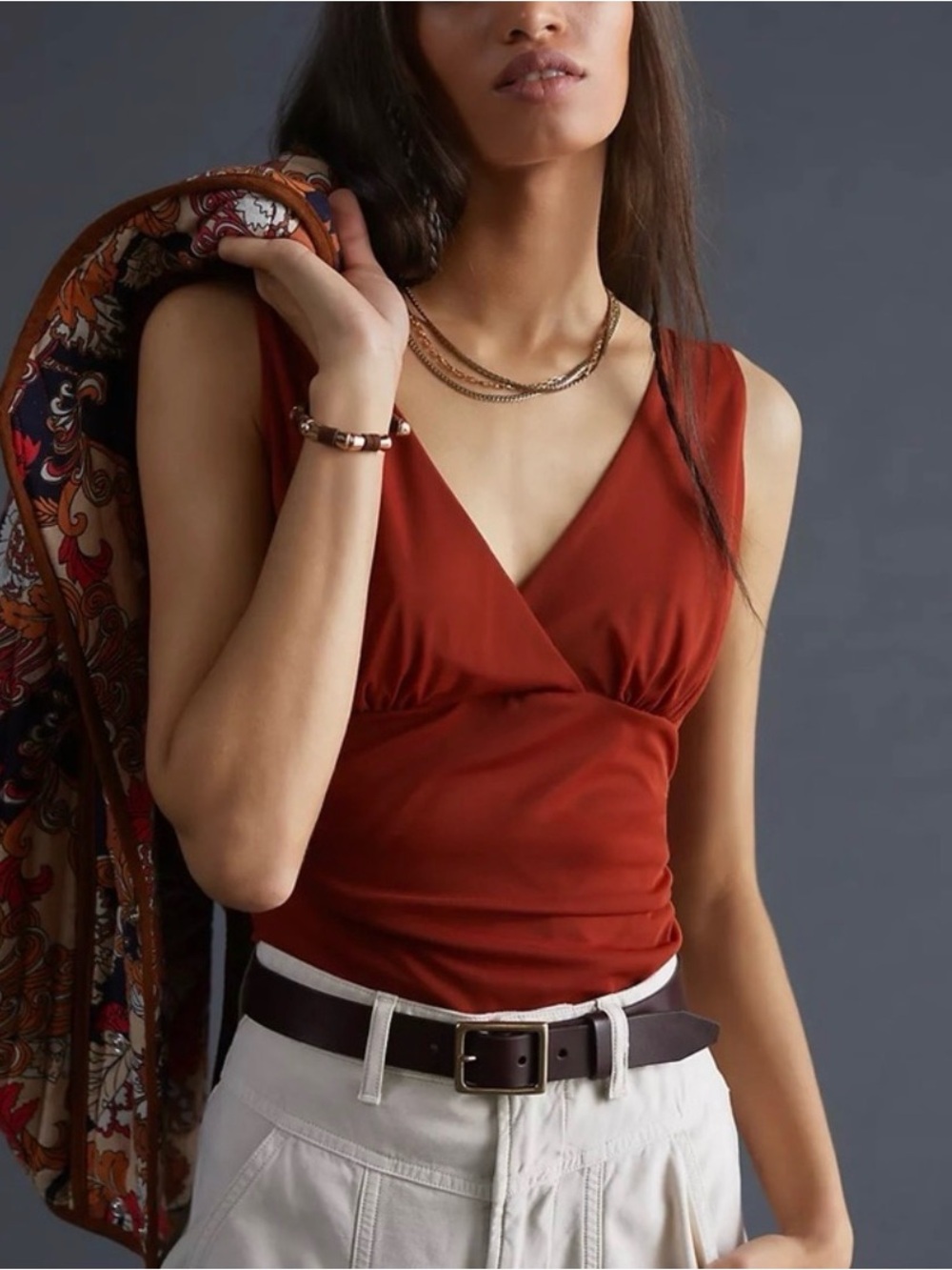 Anthropologie Rust Red V-Neck Ruched Tank